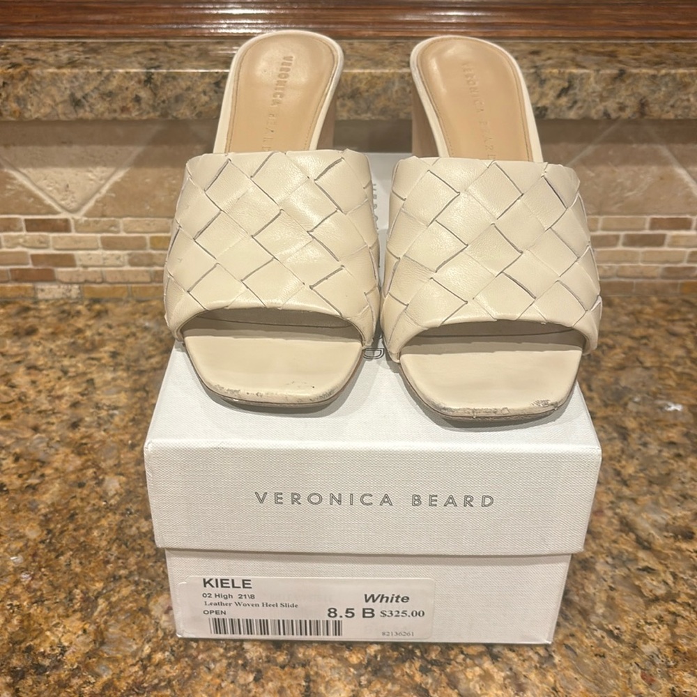 VERONICA BEARD leather woven heel slide open sandal, white top (KIELE)